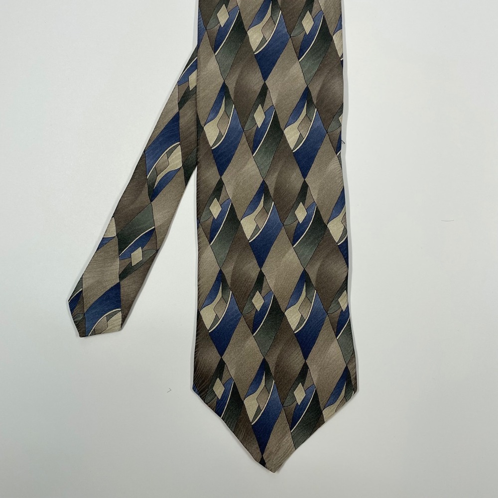 Puritan Brown Blue Geometric Abstract Silk Necktie Mens OS